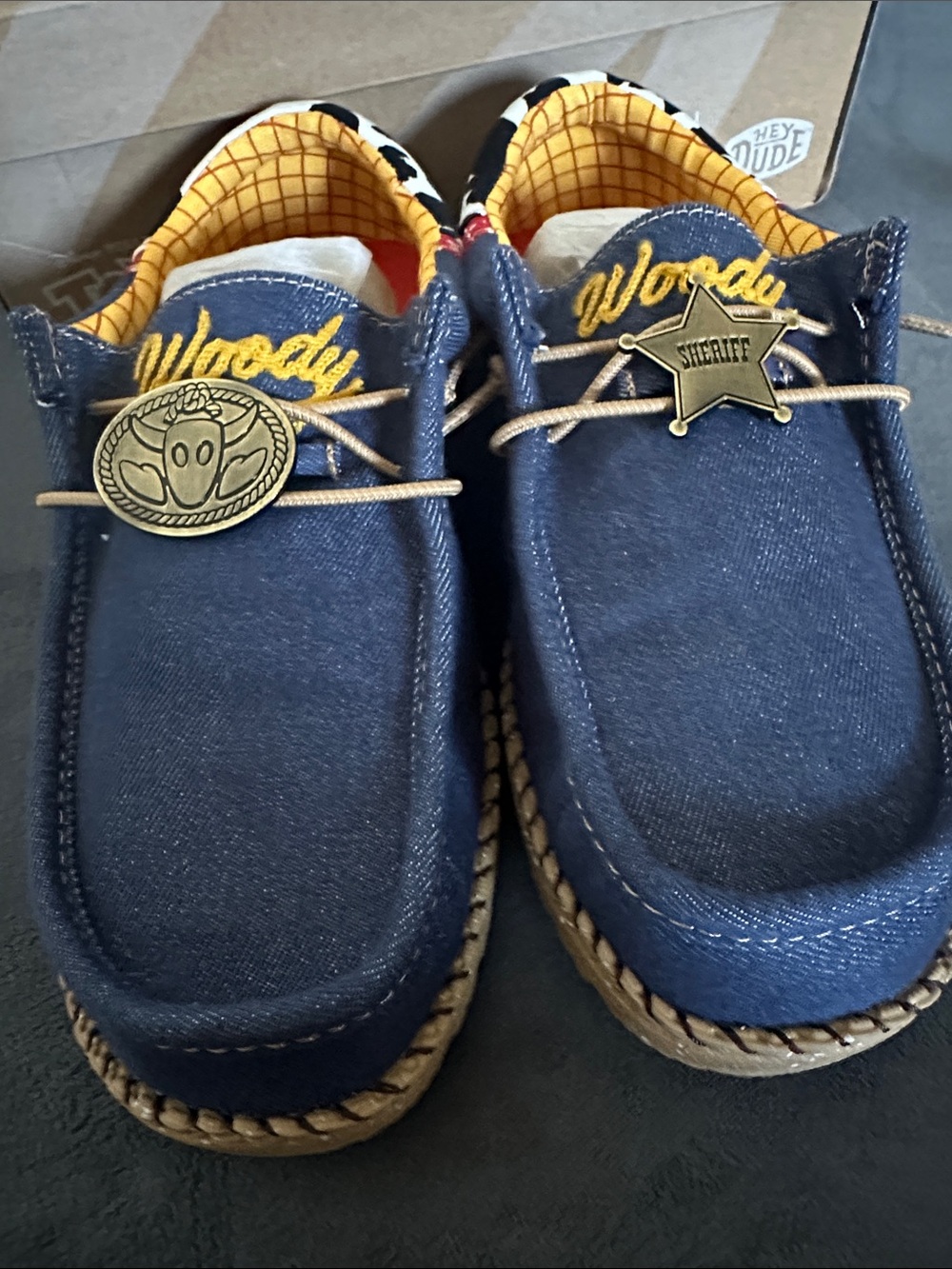 Hey Dude Kids Woody Denim Navy Slip-On Moccasins with Sheriff Badge